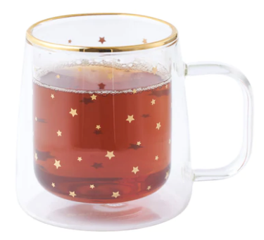 Taza Doble Vidrio Estrellas Doradas