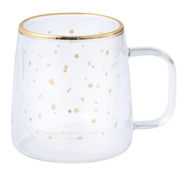 Taza Doble Vidrio Estrellas Doradas